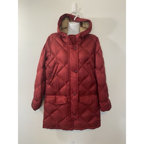 Abercrombie Fitch Down Quilted Jacket Medium Burgundy Womens Hooded Long Button - Picture 1 of 16
